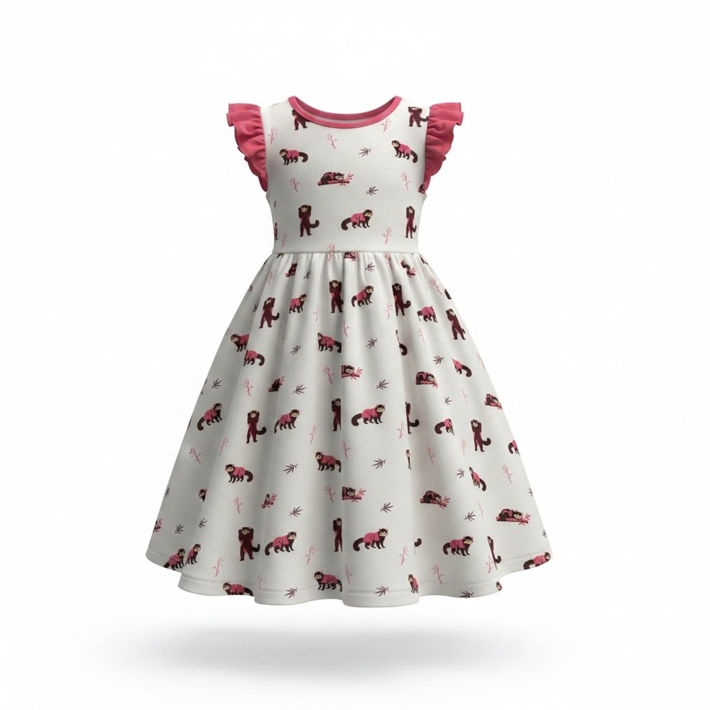 Bubble Baby Red Panda Bamboo Viscose Flutter Dress Pink White 18-24M